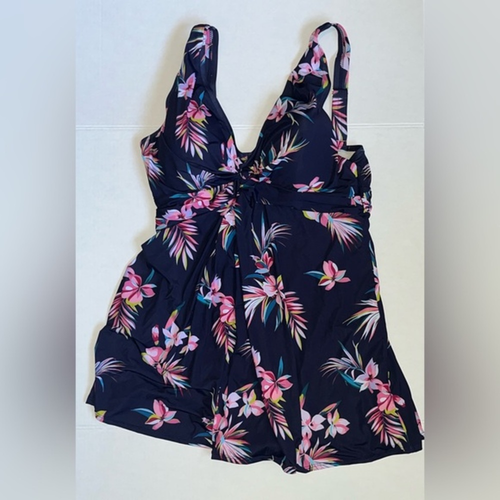 New Navy Blue Tropical One-Piece Skirt Modest - SWIMSUITS For All - Size 16 NWT